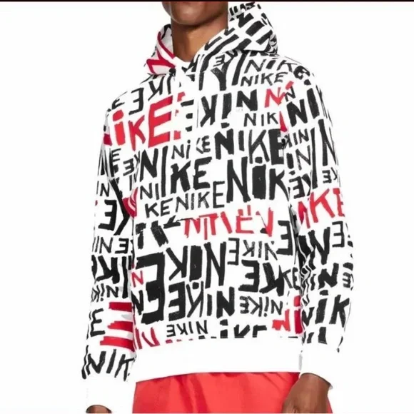 Men’s S Nike Sportswear Hoodie White Black and Red Nike All Over - Picture 2 of 6